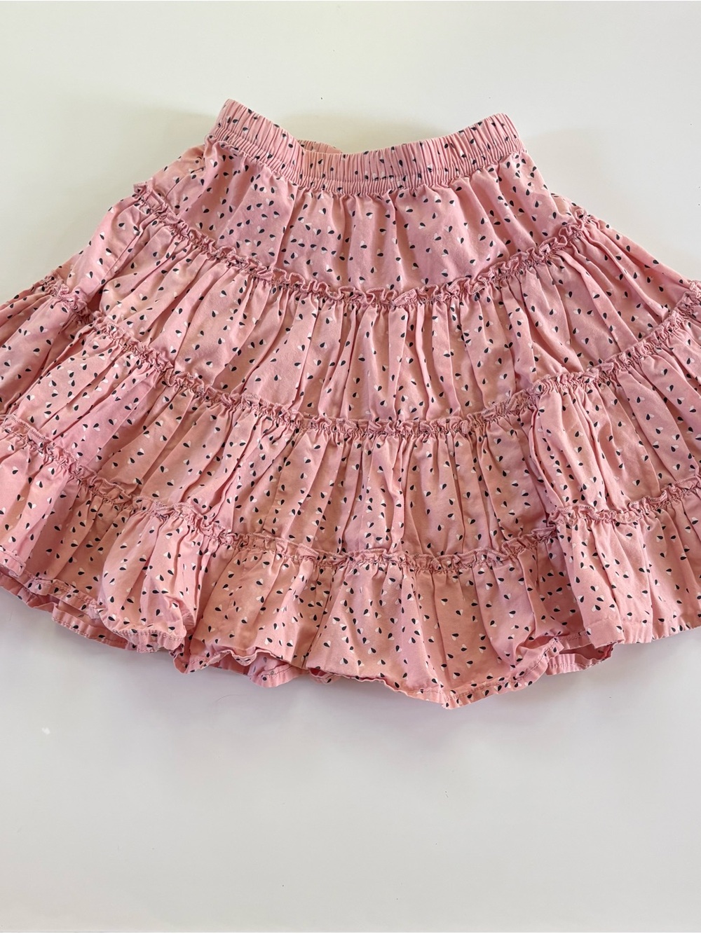 Hanna Andersson Pink Tiered Ruffle Skirt with Black Heart Dot Print